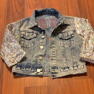 Xs handmade Girls' Denim Jacket with Iridescent Sequin Sleeves